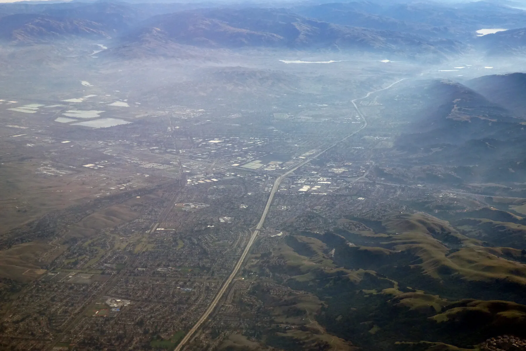 The Tri-Valley from the air, with the freeway running between Dublin and Pleasanton.