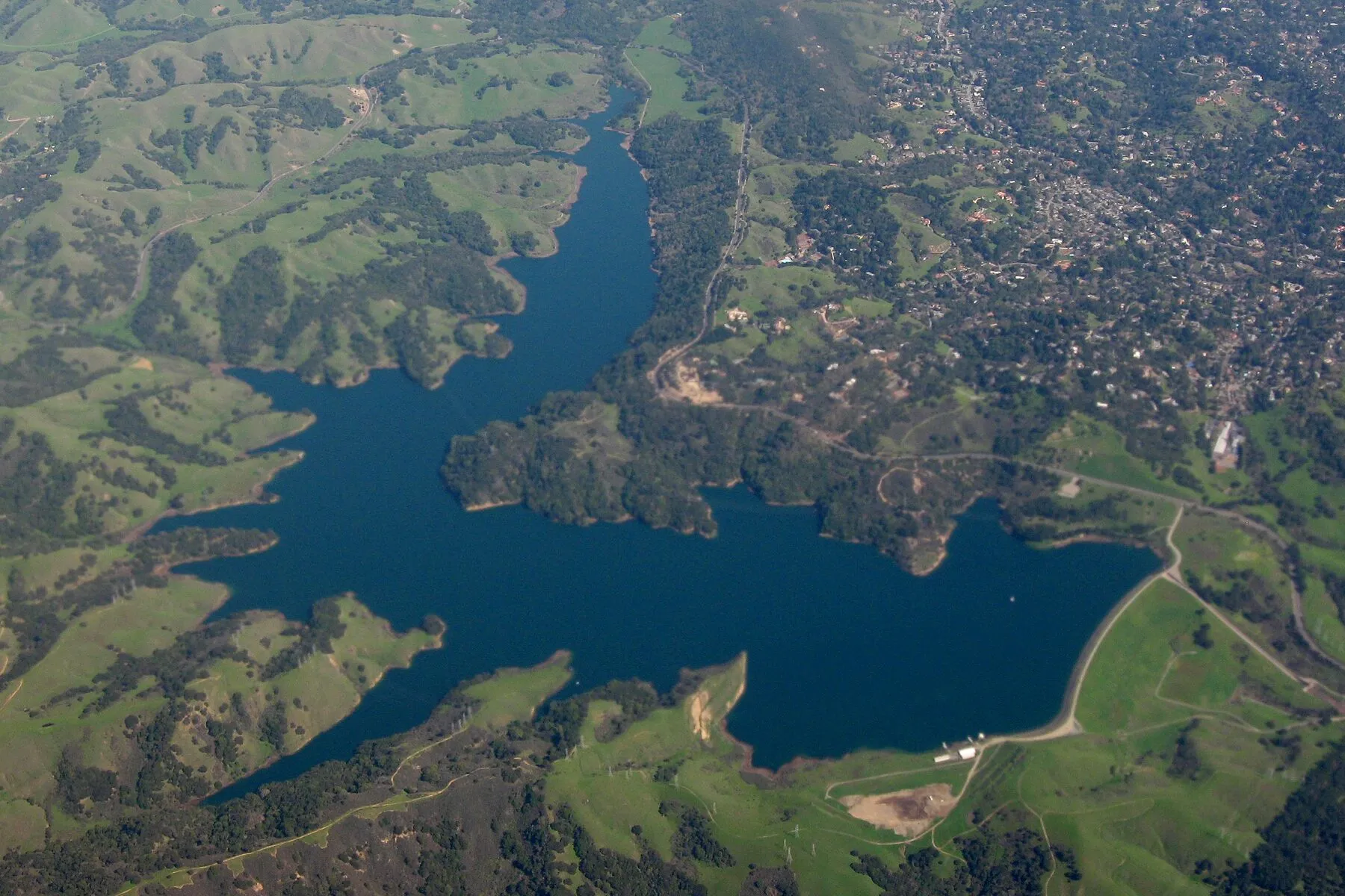 Briones Reservoir from the air, its arms running between green hills.